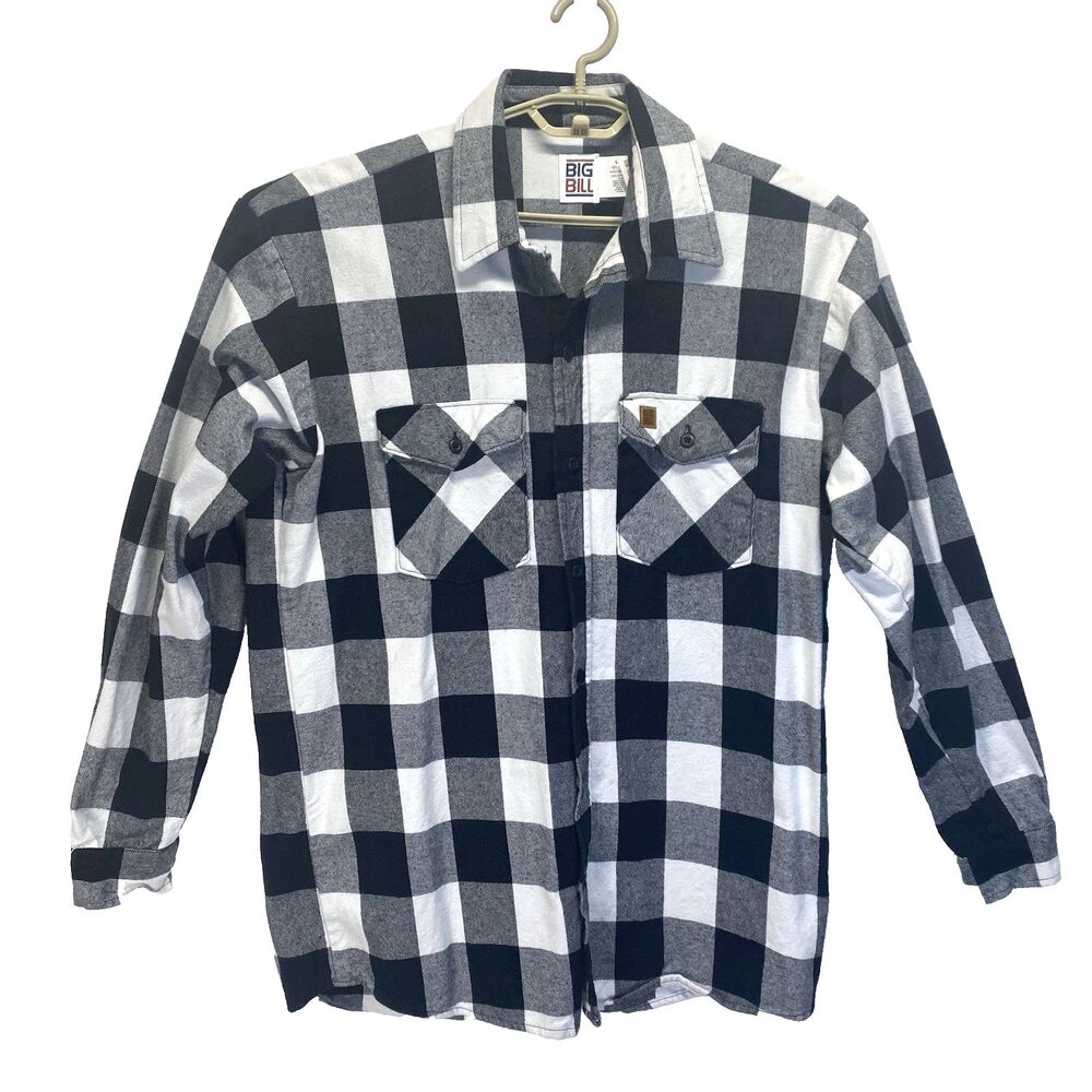 Big Bill Brawny Men's L-Tall Heavy Flannel Shirt Buffalo Plaid Black White USA